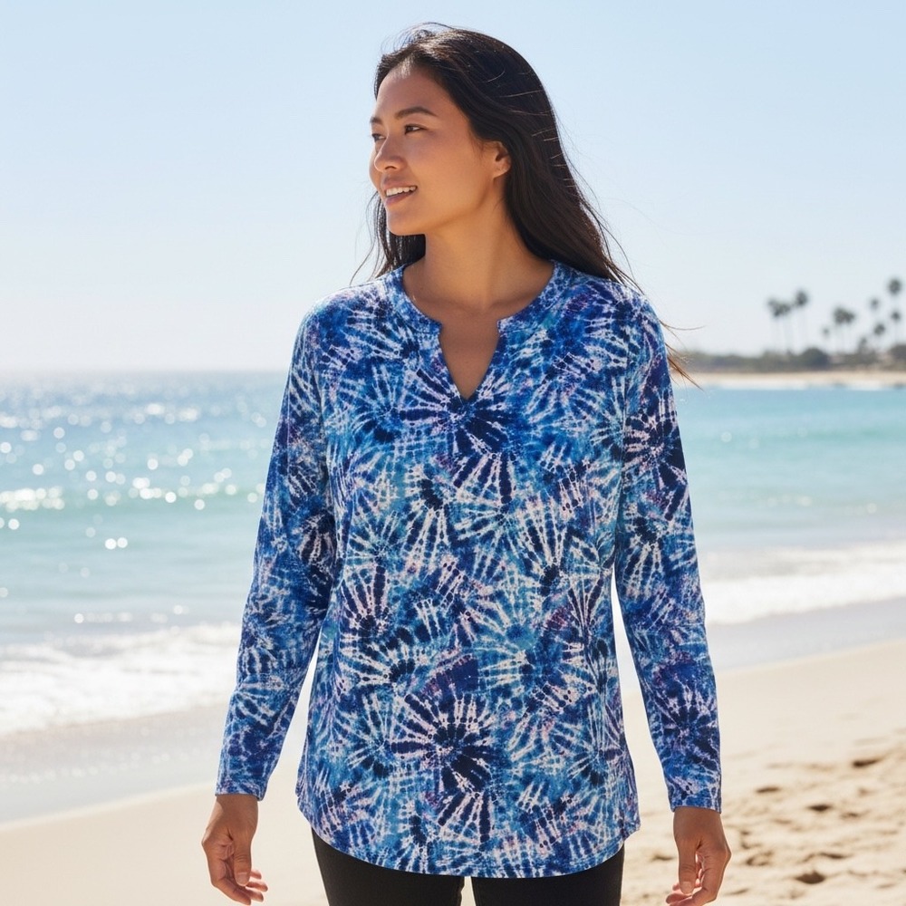 SWIM365 Tie Dye V Neck Long‎ Sleeve Tunic Top Women Size 16 Blue White